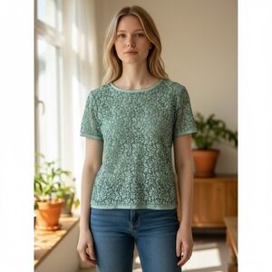 Ann Taylor LOFT Women XS Mint Green Floral Lace Short Sleeve Back Zip Blouse
